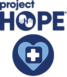Project HOPE logo and icon of a navy blue heart with medical care symbol